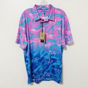 Chubbies Men's Hydrofoil Performance Polo Shirt Pink & Blue Jungle Size L NWT
